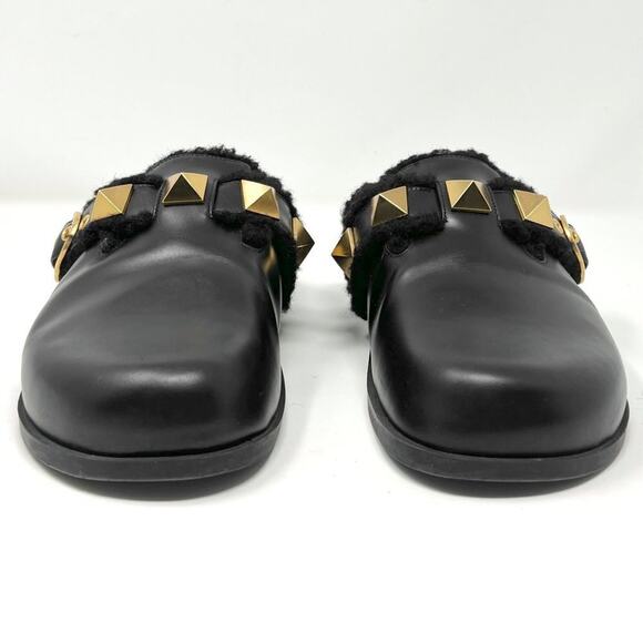 Valentino Garavani Roman Stud‎ Black Leather Shearling Slip‑On Mules US 7.5 - Picture 4 of 10